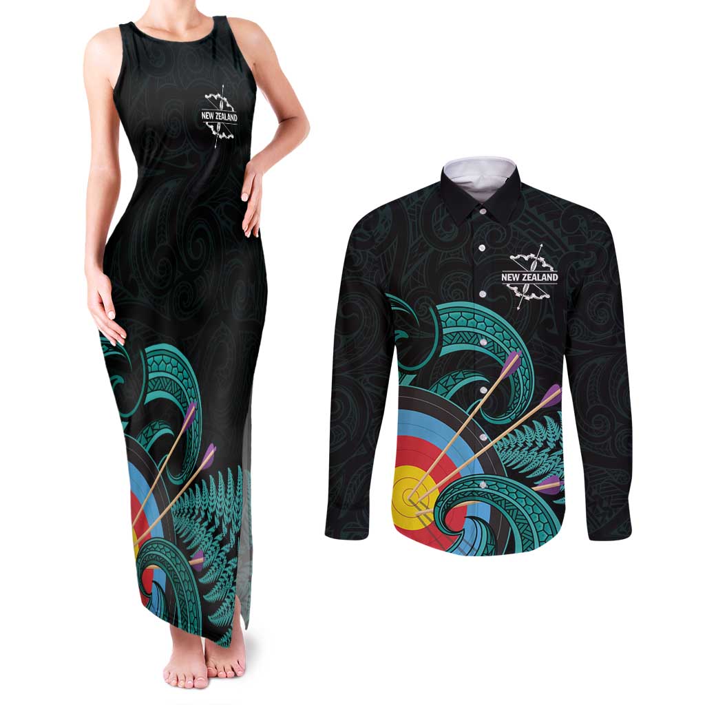Personalised New Zealand Archery Couples Matching Tank Maxi Dress and Long Sleeve Button Shirt Turquoise Maori Silver Fern LT01 Turquoise - Polynesian Pride