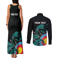 Personalised New Zealand Archery Couples Matching Tank Maxi Dress and Long Sleeve Button Shirt Turquoise Maori Silver Fern LT01 - Polynesian Pride