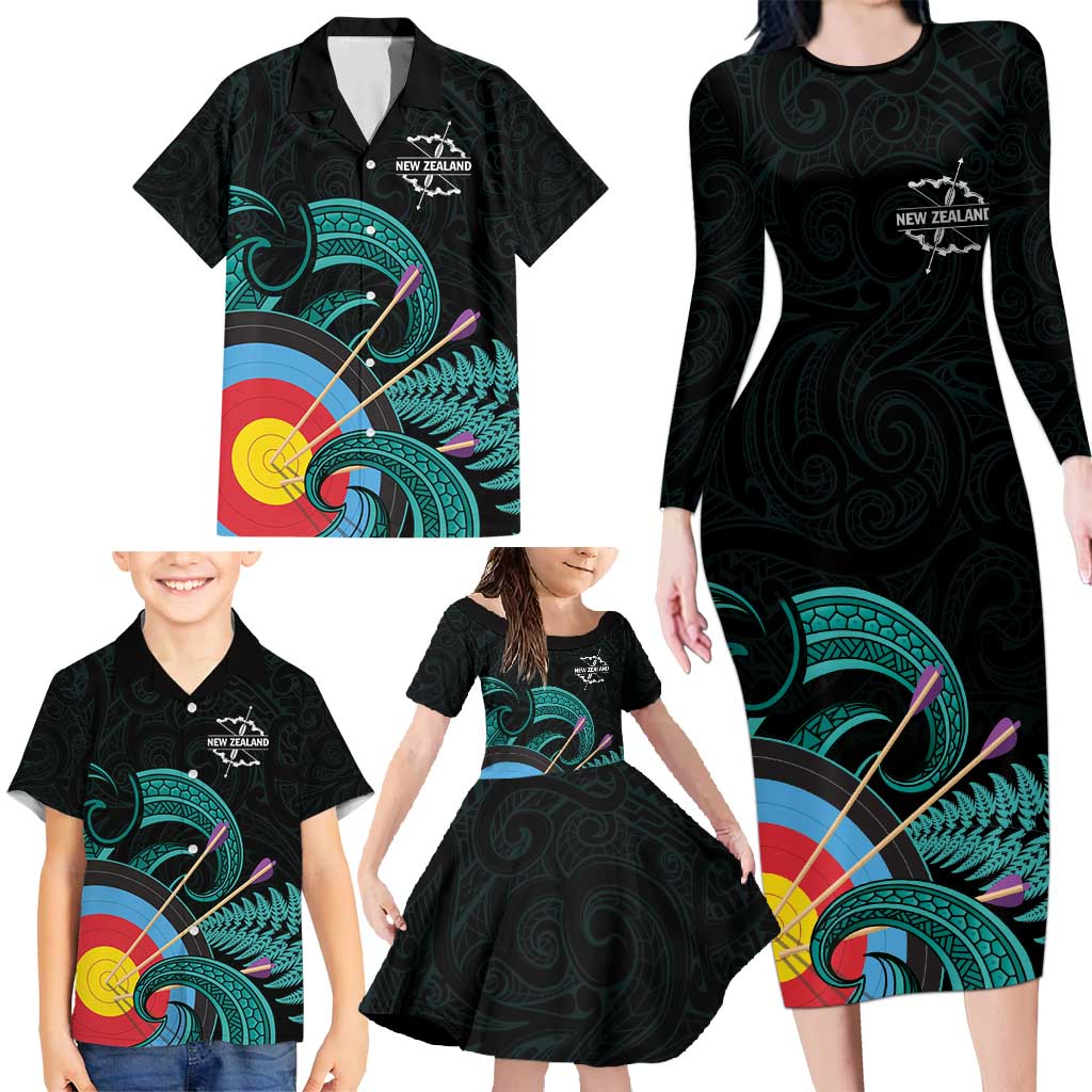 Personalised New Zealand Archery Family Matching Long Sleeve Bodycon Dress and Hawaiian Shirt Turquoise Maori Silver Fern LT01 - Polynesian Pride