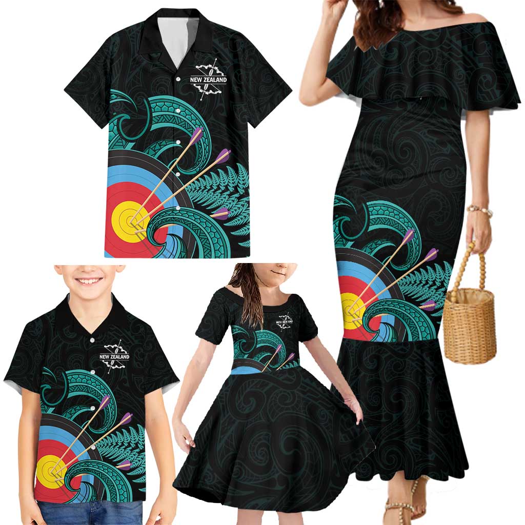 Personalised New Zealand Archery Family Matching Mermaid Dress and Hawaiian Shirt Turquoise Maori Silver Fern LT01 - Polynesian Pride