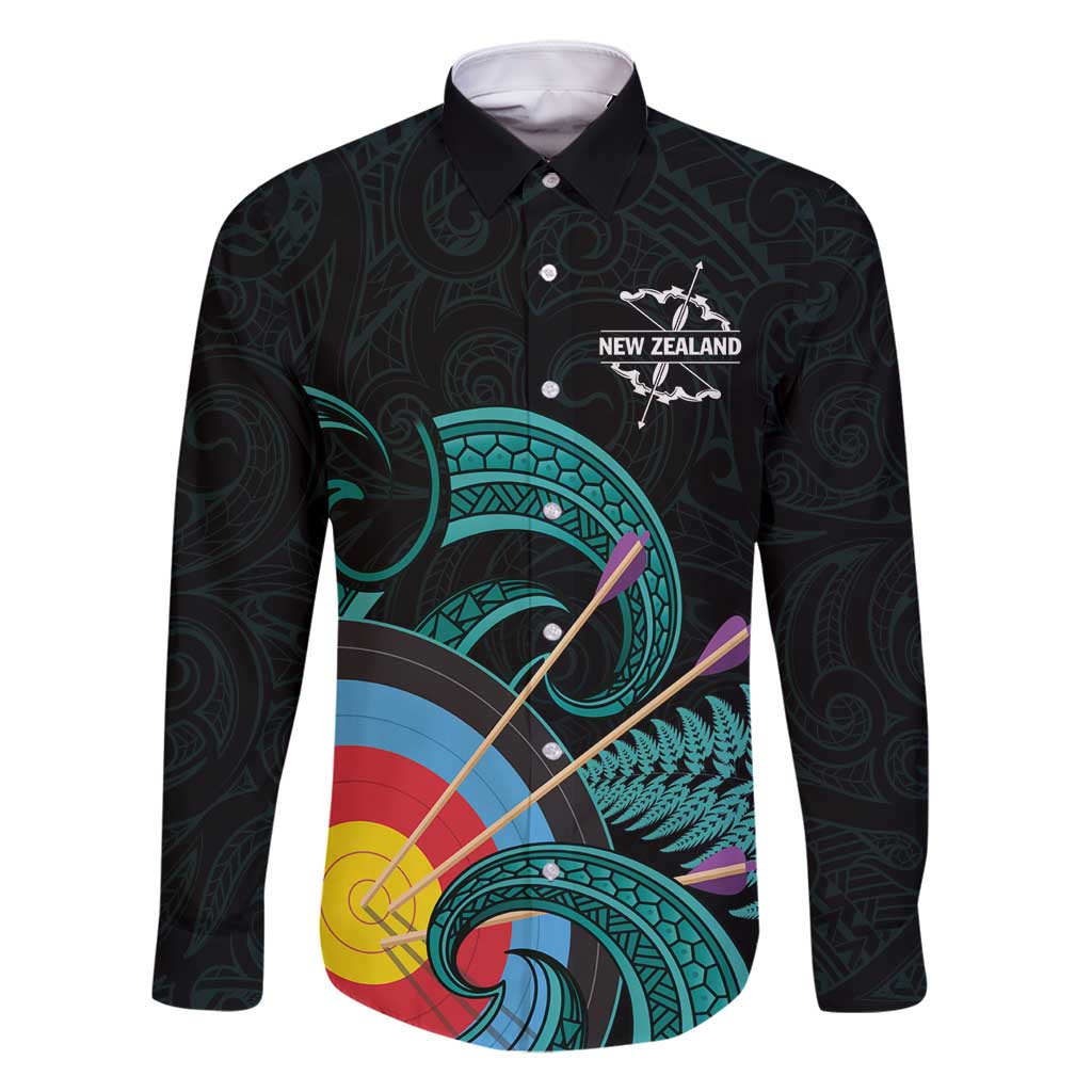 Personalised New Zealand Archery Family Matching Mermaid Dress and Hawaiian Shirt Turquoise Maori Silver Fern LT01 Dad's Shirt - Long Sleeve Turquoise - Polynesian Pride