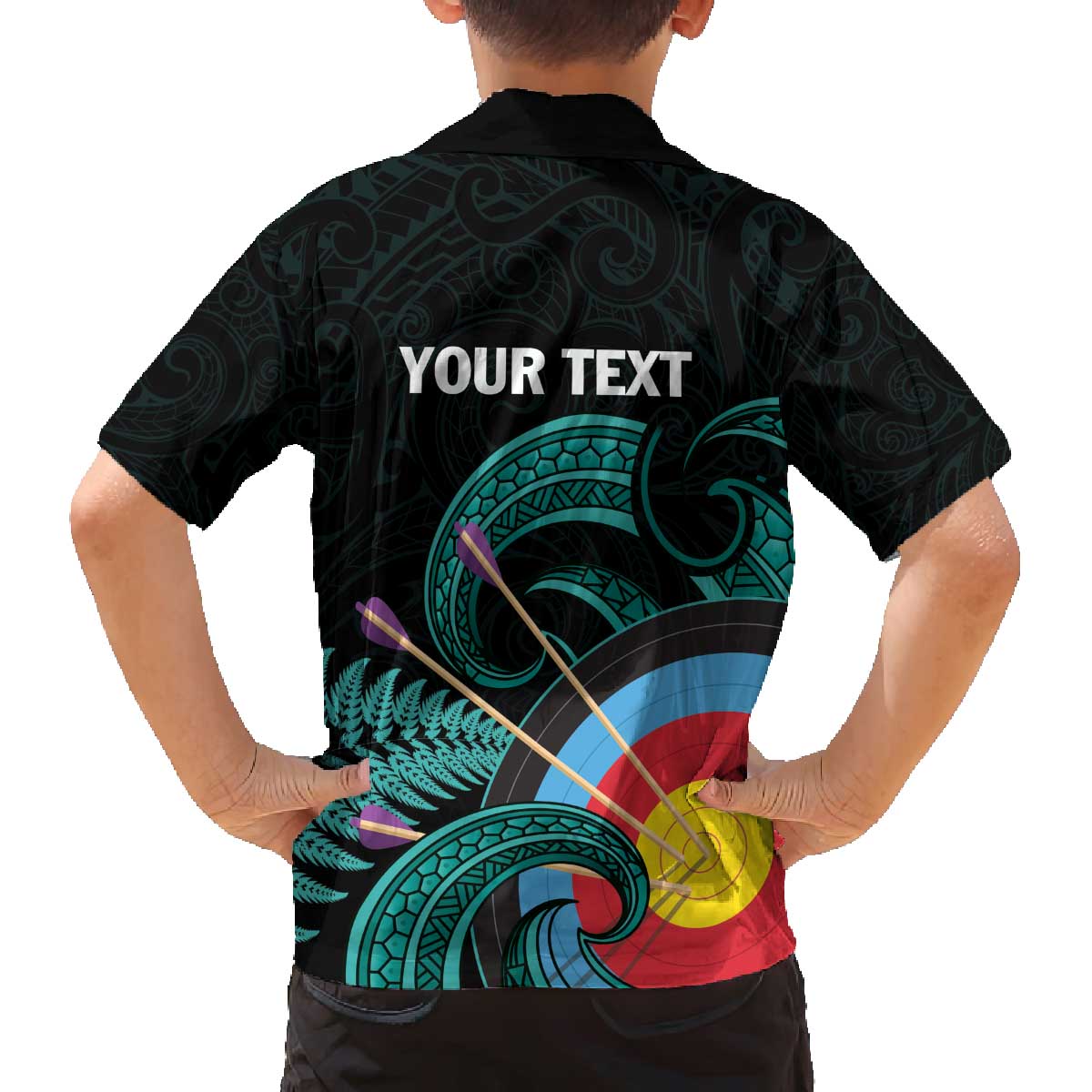 Personalised New Zealand Archery Family Matching Off The Shoulder Long Sleeve Dress and Hawaiian Shirt Turquoise Maori Silver Fern LT01 - Polynesian Pride