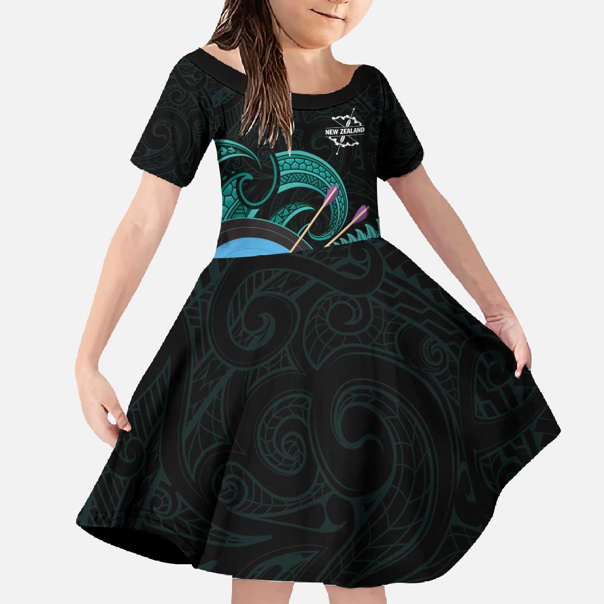 Personalised New Zealand Archery Family Matching Off The Shoulder Long Sleeve Dress and Hawaiian Shirt Turquoise Maori Silver Fern LT01 Daughter's Dress Turquoise - Polynesian Pride