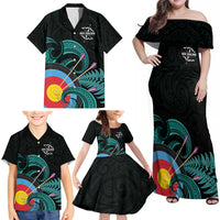 Personalised New Zealand Archery Family Matching Off Shoulder Maxi Dress and Hawaiian Shirt Turquoise Maori Silver Fern LT01 - Polynesian Pride