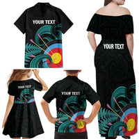 Personalised New Zealand Archery Family Matching Off Shoulder Maxi Dress and Hawaiian Shirt Turquoise Maori Silver Fern LT01 - Polynesian Pride