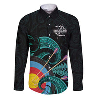 Personalised New Zealand Archery Family Matching Off Shoulder Maxi Dress and Hawaiian Shirt Turquoise Maori Silver Fern LT01 Dad's Shirt - Long Sleeve Turquoise - Polynesian Pride