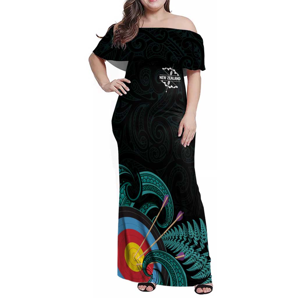 Personalised New Zealand Archery Family Matching Off Shoulder Maxi Dress and Hawaiian Shirt Turquoise Maori Silver Fern LT01 Mom's Dress Turquoise - Polynesian Pride
