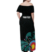 Personalised New Zealand Archery Family Matching Off Shoulder Maxi Dress and Hawaiian Shirt Turquoise Maori Silver Fern LT01 - Polynesian Pride