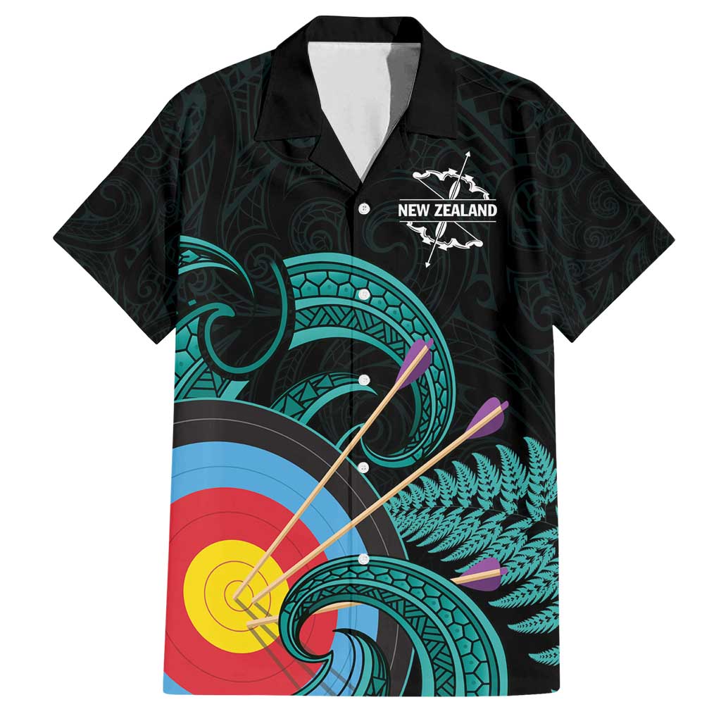 Personalised New Zealand Archery Family Matching Off Shoulder Short Dress and Hawaiian Shirt Turquoise Maori Silver Fern LT01 Dad's Shirt - Short Sleeve Turquoise - Polynesian Pride