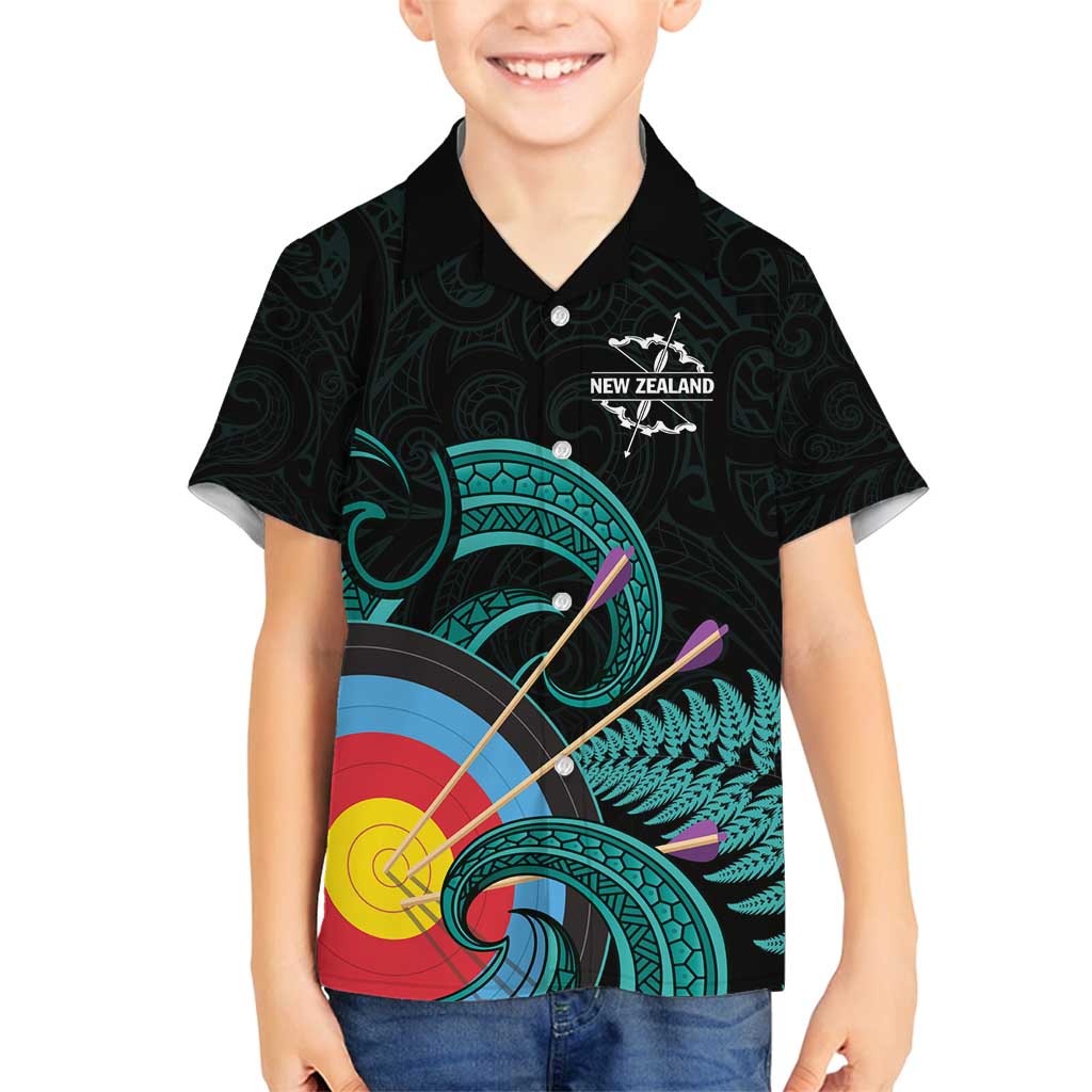 Personalised New Zealand Archery Family Matching Off Shoulder Short Dress and Hawaiian Shirt Turquoise Maori Silver Fern LT01 Son's Shirt Turquoise - Polynesian Pride