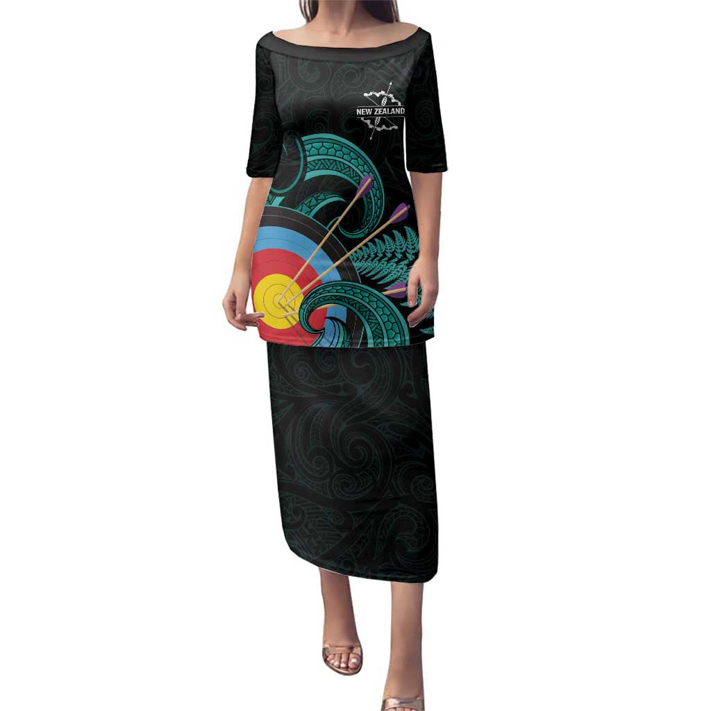 Personalised New Zealand Archery Family Matching Puletasi and Hawaiian Shirt Turquoise Maori Silver Fern LT01 Mom's Dress Turquoise - Polynesian Pride