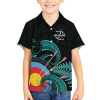 Personalised New Zealand Archery Family Matching Puletasi and Hawaiian Shirt Turquoise Maori Silver Fern LT01 Son's Shirt Turquoise - Polynesian Pride
