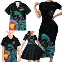 Personalised New Zealand Archery Family Matching Short Sleeve Bodycon Dress and Hawaiian Shirt Turquoise Maori Silver Fern LT01 - Polynesian Pride