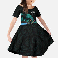 Personalised New Zealand Archery Family Matching Summer Maxi Dress and Hawaiian Shirt Turquoise Maori Silver Fern LT01 Daughter's Dress Turquoise - Polynesian Pride