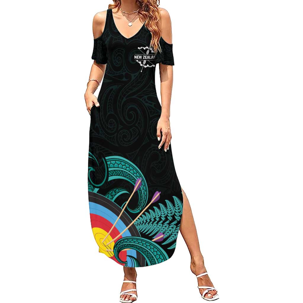 Personalised New Zealand Archery Family Matching Summer Maxi Dress and Hawaiian Shirt Turquoise Maori Silver Fern LT01 Mom's Dress Turquoise - Polynesian Pride
