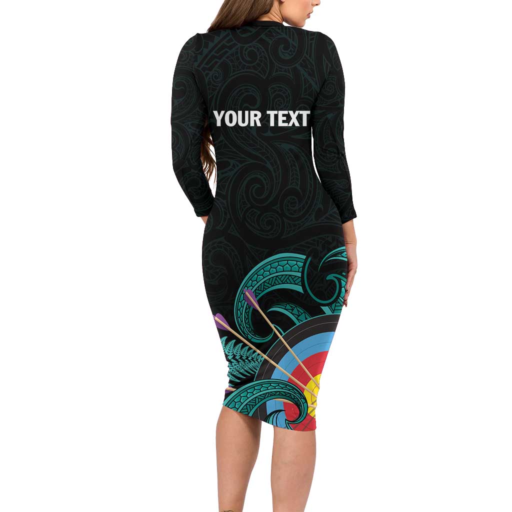 Personalised New Zealand Archery Long Sleeve Bodycon Dress Turquoise Maori Silver Fern LT01 - Polynesian Pride