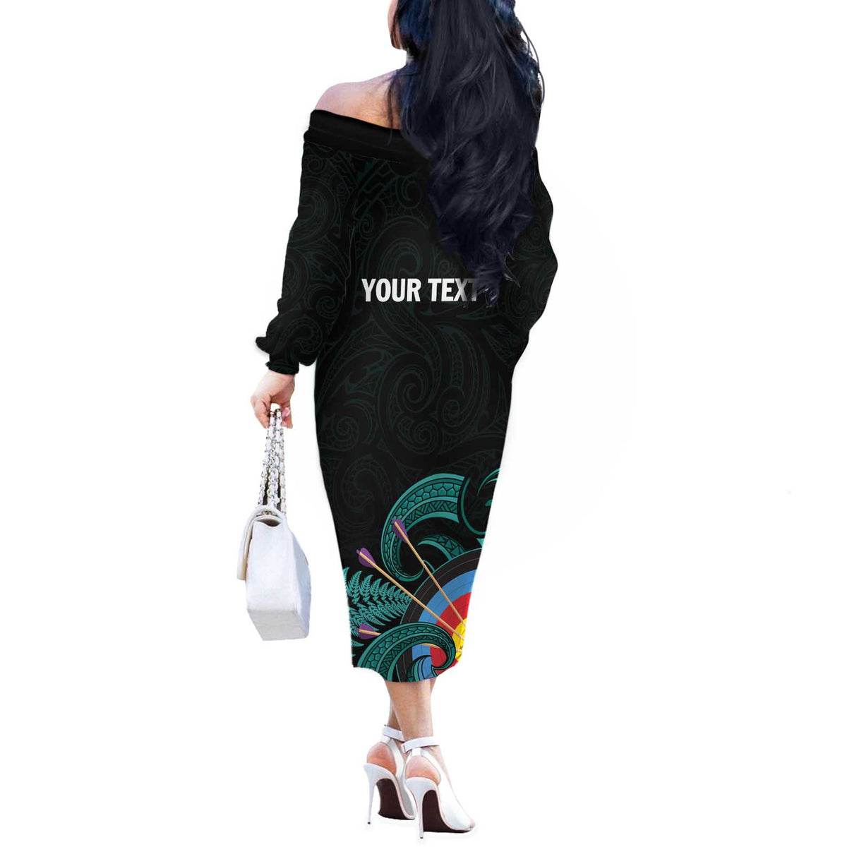 Personalised New Zealand Archery Off The Shoulder Long Sleeve Dress Turquoise Maori Silver Fern LT01 - Polynesian Pride