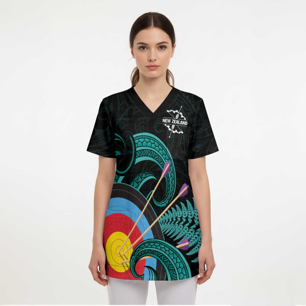 Personalised New Zealand Archery Scrub Top Turquoise Maori Silver Fern - Polynesian Pride