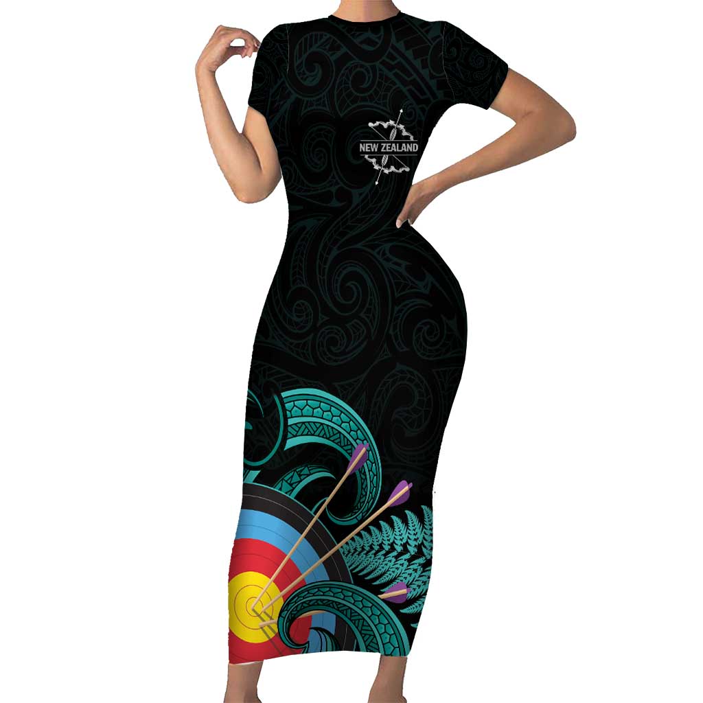 Personalised New Zealand Archery Short Sleeve Bodycon Dress Turquoise Maori Silver Fern LT01 Long Dress Turquoise - Polynesian Pride