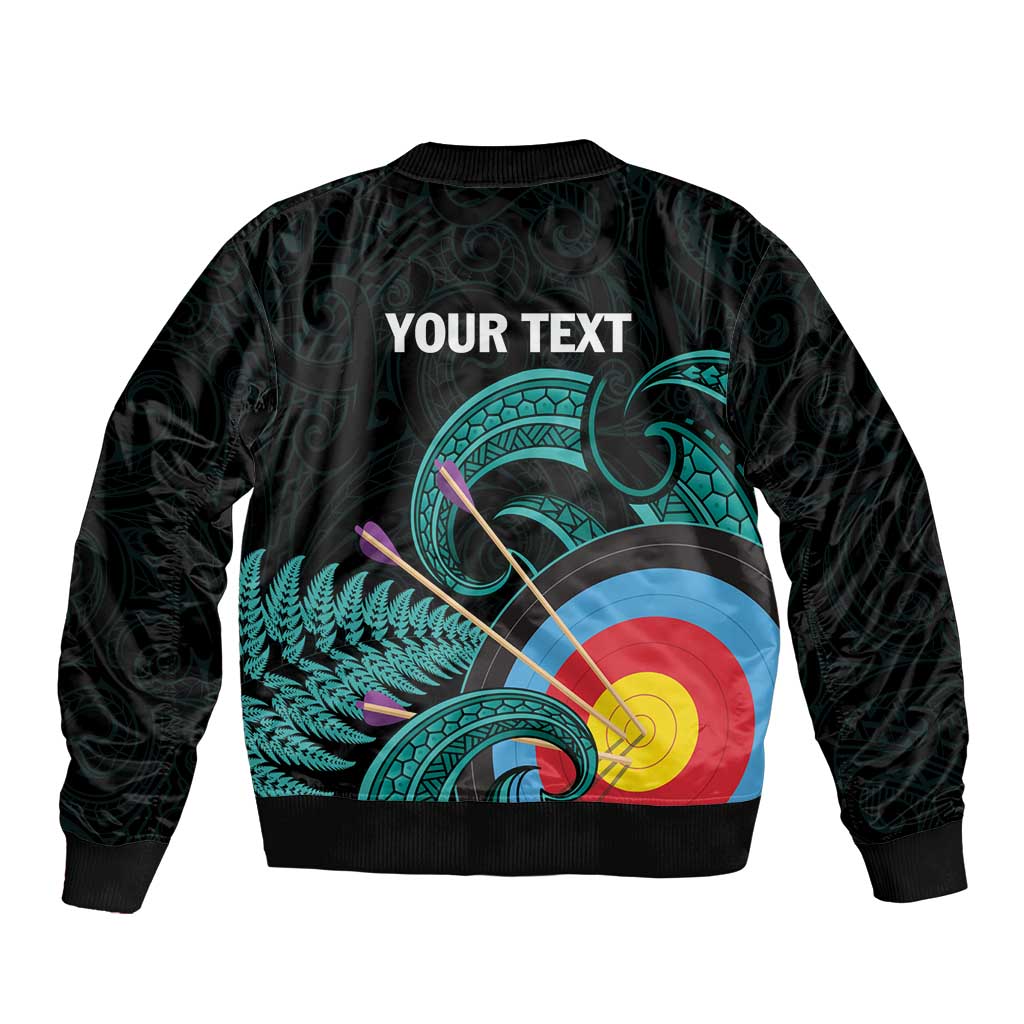 Personalised New Zealand Archery Sleeve Zip Bomber Jacket Turquoise Maori Silver Fern