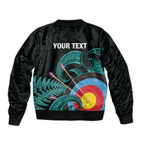 Personalised New Zealand Archery Sleeve Zip Bomber Jacket Turquoise Maori Silver Fern