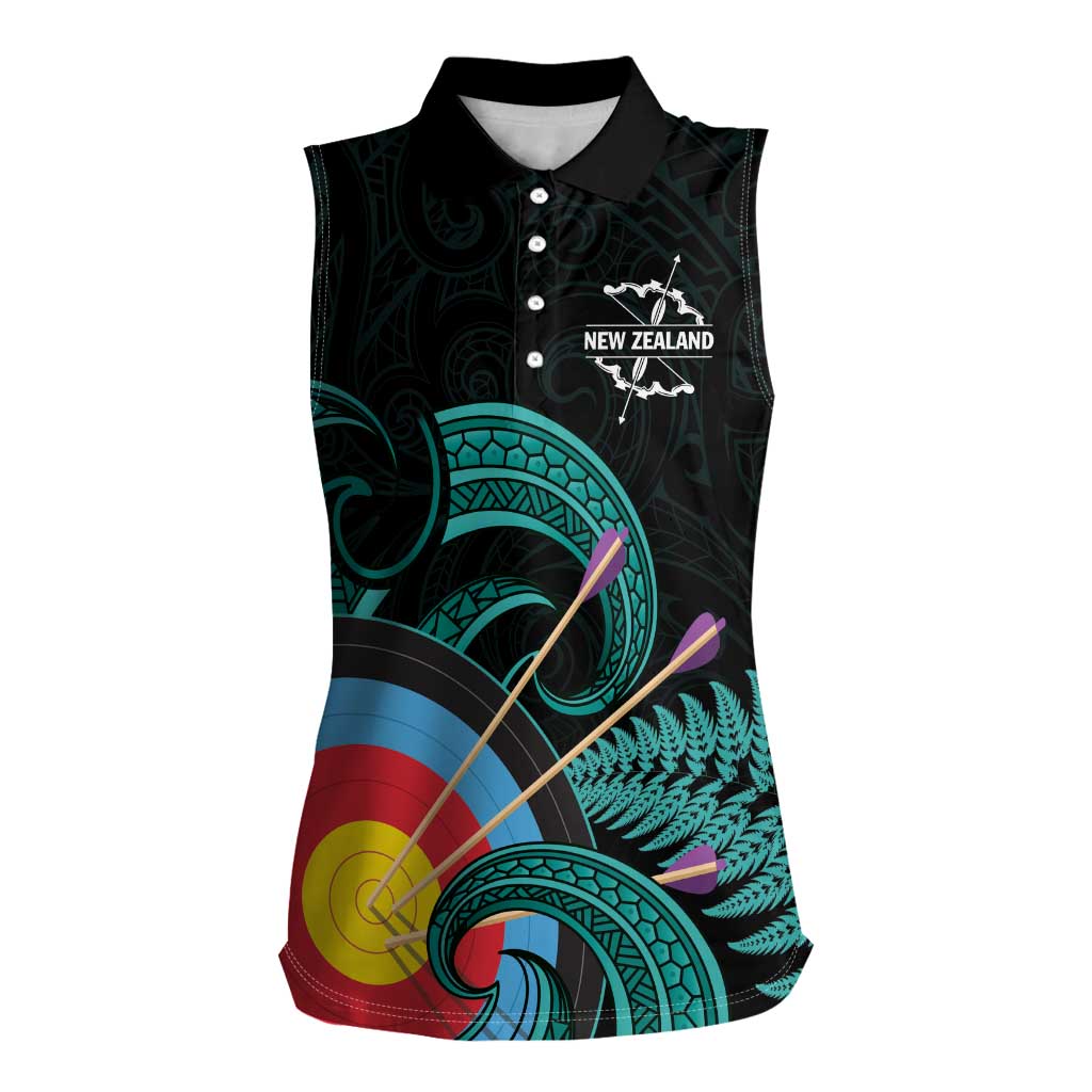 Personalised New Zealand Archery Women Sleeveless Polo Shirt Turquoise Maori Silver Fern LT01 Female Turquoise - Polynesian Pride