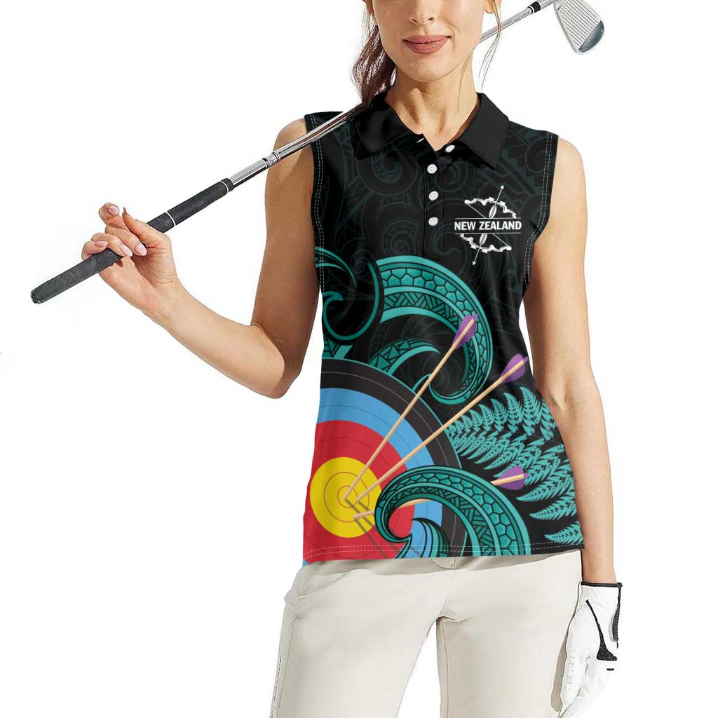 Personalised New Zealand Archery Women Sleeveless Polo Shirt Turquoise Maori Silver Fern LT01 - Polynesian Pride