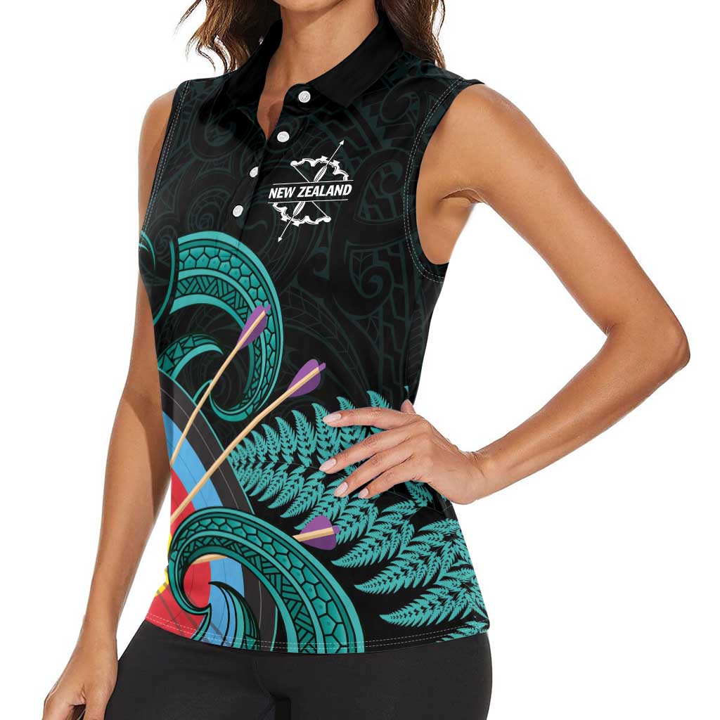 Personalised New Zealand Archery Women Sleeveless Polo Shirt Turquoise Maori Silver Fern LT01 - Polynesian Pride