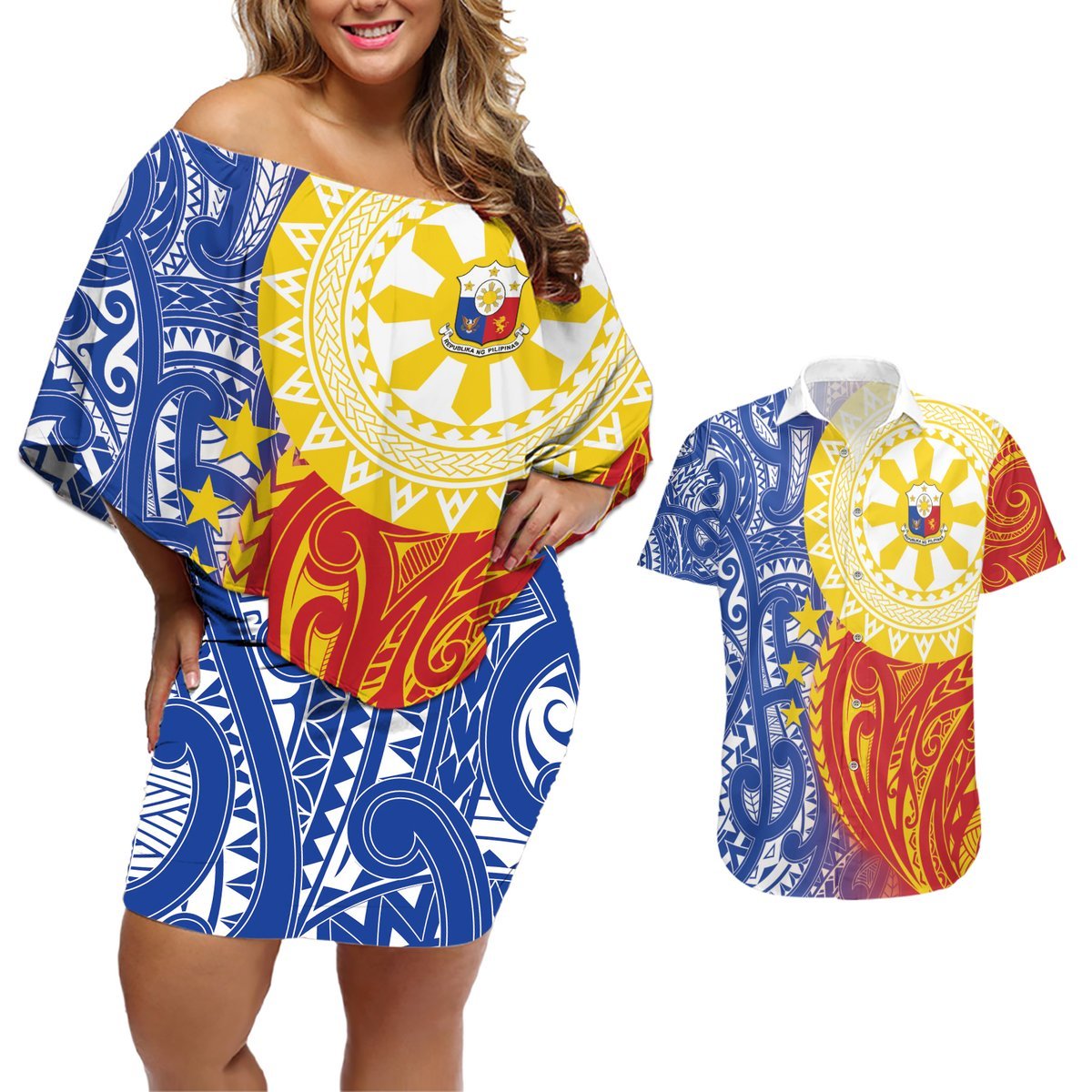 Philippines Couples Matching Off Shoulder Short Dress and Hawaiian Shirt Pilipinas Polynesian Pattern LT01 Art - Polynesian Pride