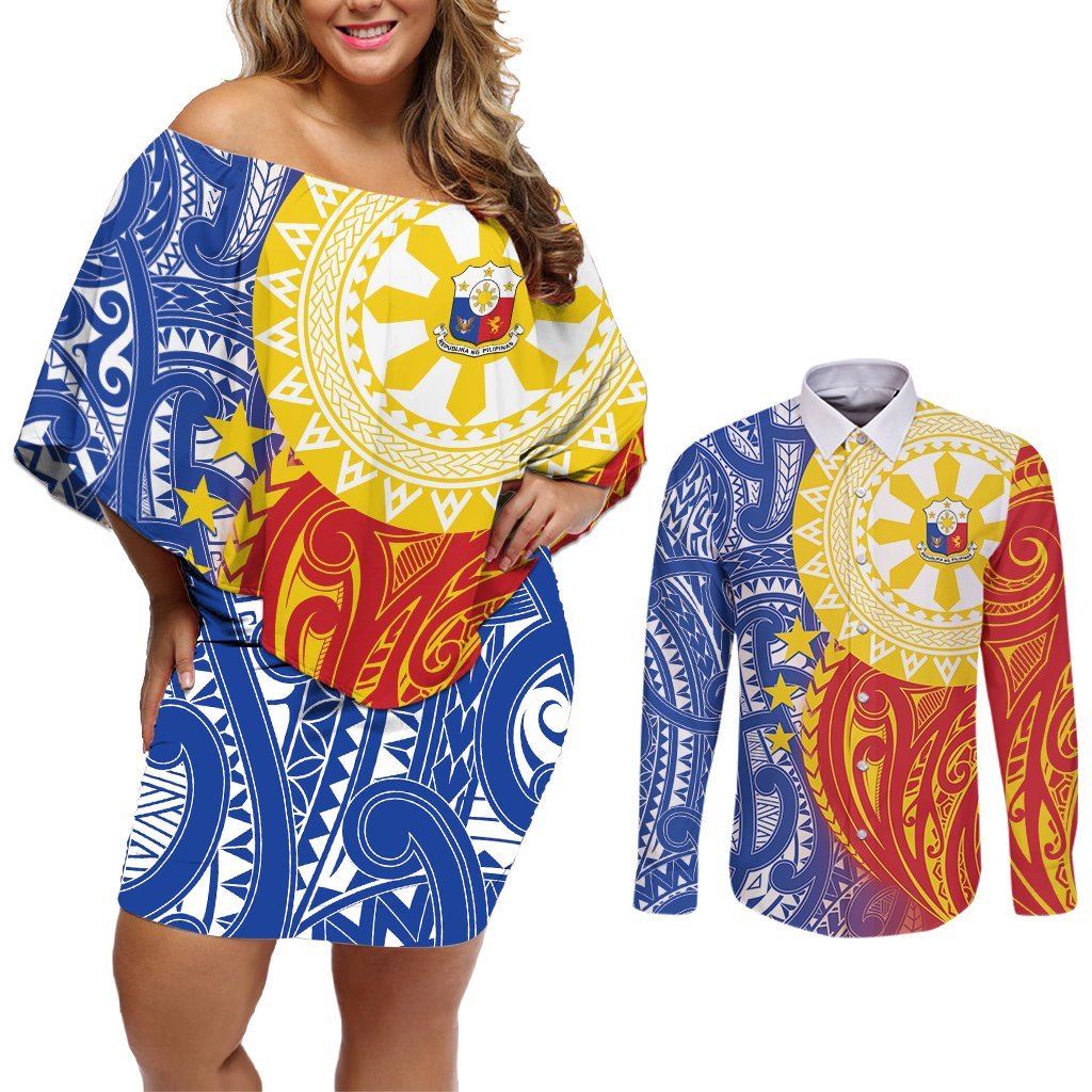 Philippines Couples Matching Off Shoulder Short Dress and Long Sleeve Button Shirt Pilipinas Polynesian Pattern LT01 Art - Polynesian Pride