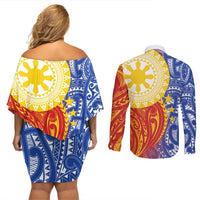 Philippines Couples Matching Off Shoulder Short Dress and Long Sleeve Button Shirt Pilipinas Polynesian Pattern LT01 - Polynesian Pride