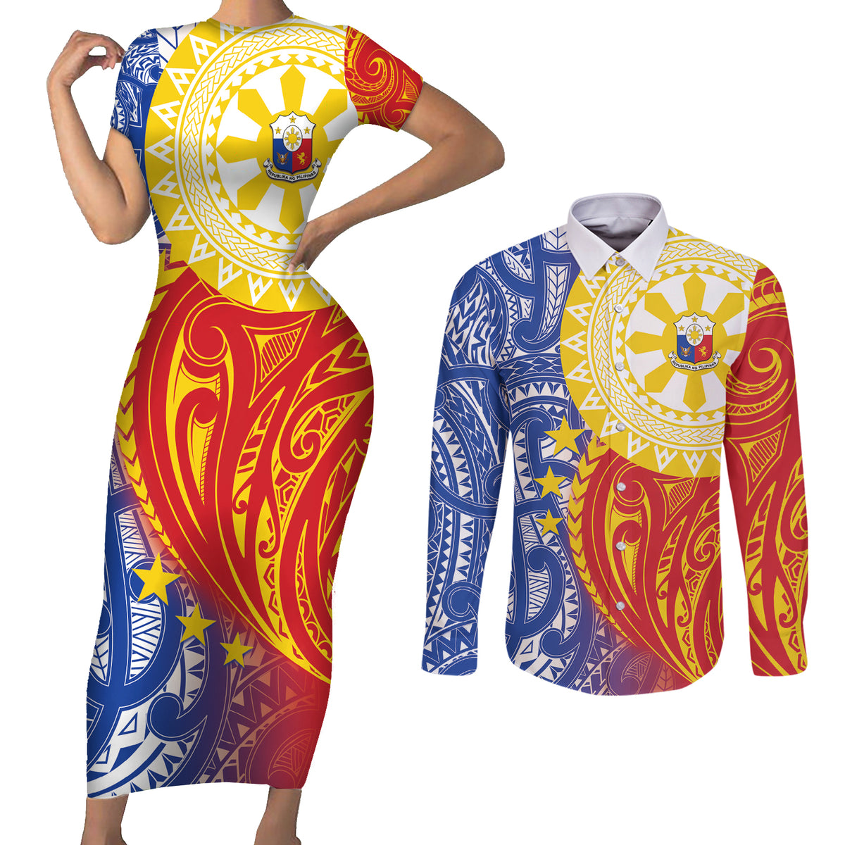 Philippines Couples Matching Short Sleeve Bodycon Dress and Long Sleeve Button Shirt Pilipinas Polynesian Pattern LT01 Art - Polynesian Pride