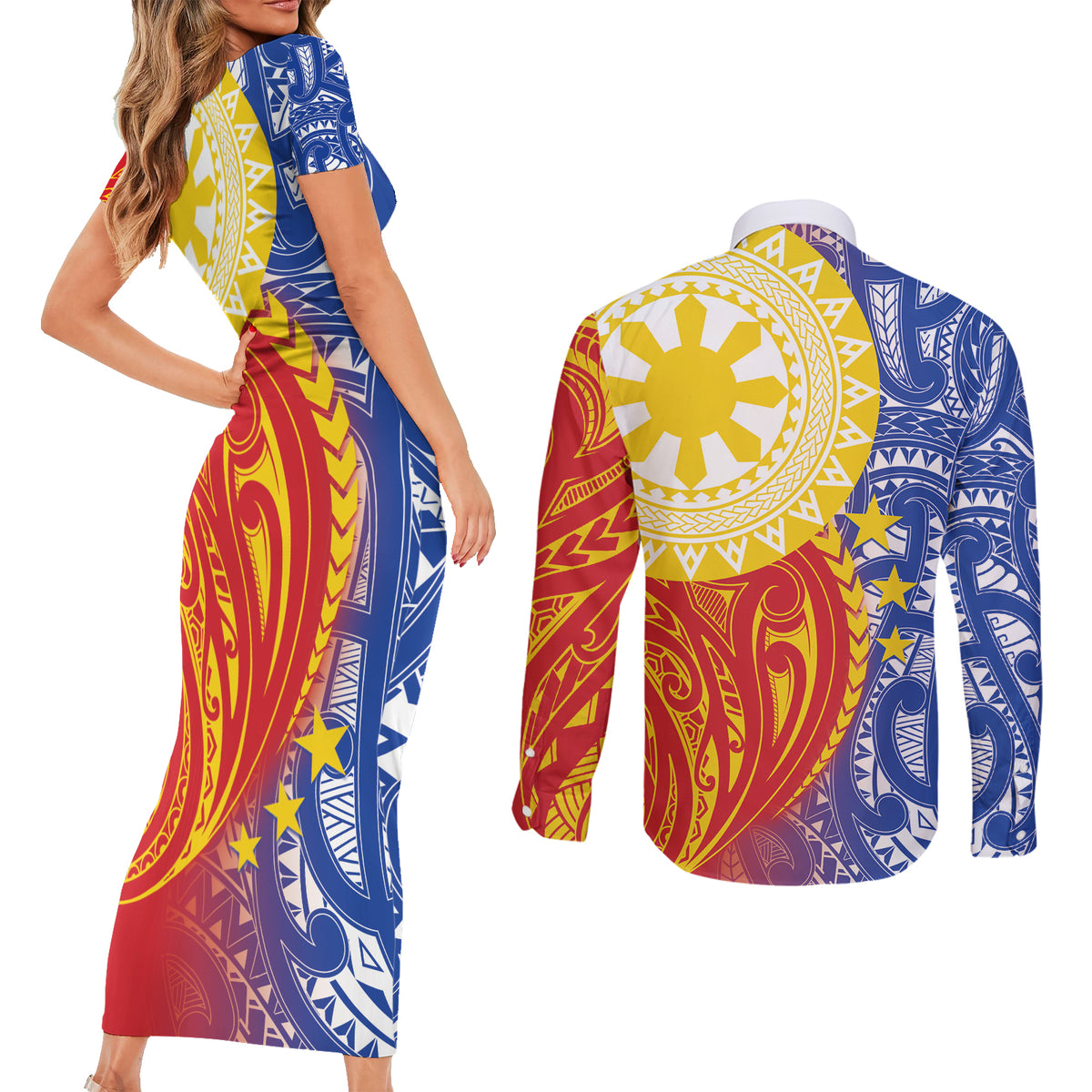 Philippines Couples Matching Short Sleeve Bodycon Dress and Long Sleeve Button Shirt Pilipinas Polynesian Pattern LT01 - Polynesian Pride