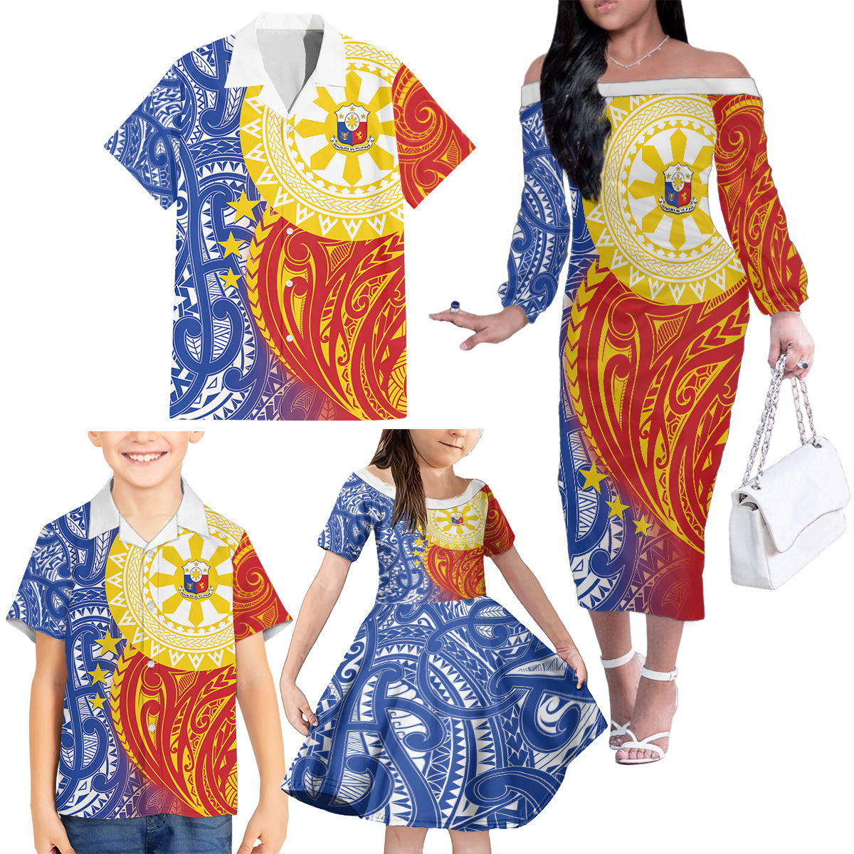 Philippines Family Matching Off The Shoulder Long Sleeve Dress and Hawaiian Shirt Pilipinas Polynesian Pattern LT01 - Polynesian Pride