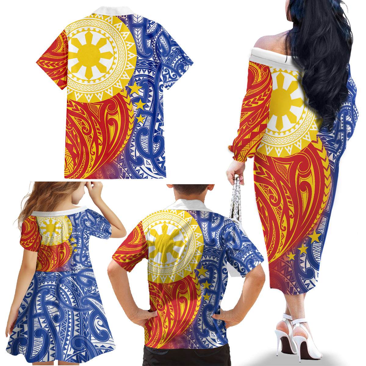 Philippines Family Matching Off The Shoulder Long Sleeve Dress and Hawaiian Shirt Pilipinas Polynesian Pattern LT01 - Polynesian Pride