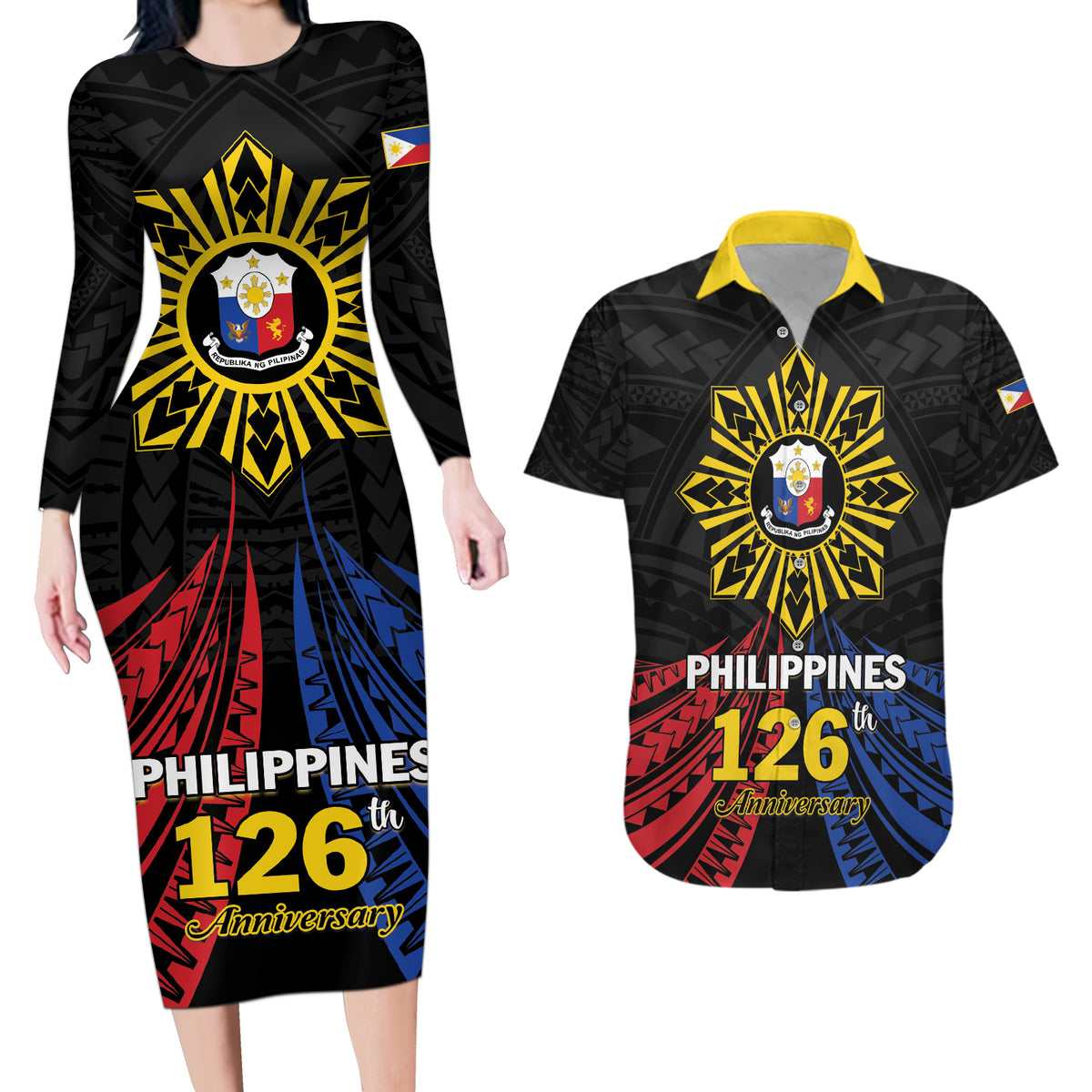 Personalized Philippines Independence Day Couples Matching Long Sleeve Bodycon Dress and Hawaiian Shirt Filipino 126th Anniversary Sun Tattoo LT01 Black - Polynesian Pride