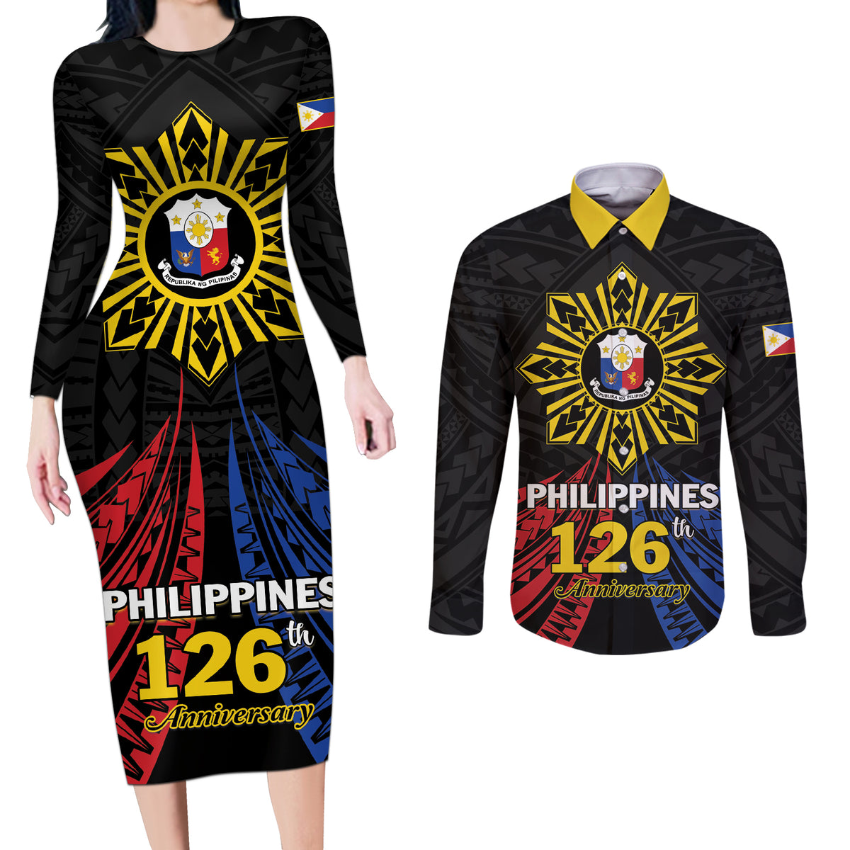 Personalized Philippines Independence Day Couples Matching Long Sleeve Bodycon Dress and Long Sleeve Button Shirt Filipino 126th Anniversary Sun Tattoo LT01 Black - Polynesian Pride