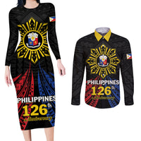 Personalized Philippines Independence Day Couples Matching Long Sleeve Bodycon Dress and Long Sleeve Button Shirt Filipino 126th Anniversary Sun Tattoo LT01 Black - Polynesian Pride