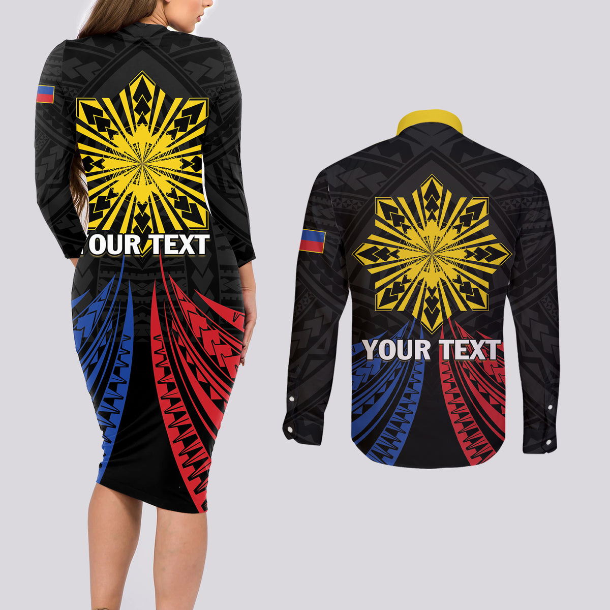 Personalized Philippines Independence Day Couples Matching Long Sleeve Bodycon Dress and Long Sleeve Button Shirt Filipino 126th Anniversary Sun Tattoo LT01 - Polynesian Pride