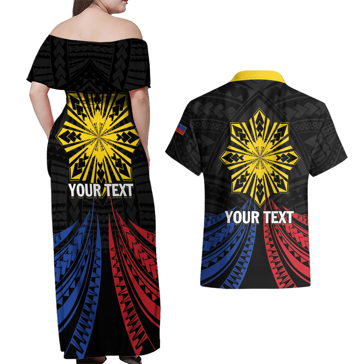 Personalized Philippines Independence Day Couples Matching Off Shoulder Maxi Dress and Hawaiian Shirt Filipino 126th Anniversary Sun Tattoo LT01 - Polynesian Pride