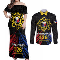 Personalized Philippines Independence Day Couples Matching Off Shoulder Maxi Dress and Long Sleeve Button Shirt Filipino 126th Anniversary Sun Tattoo LT01 Black - Polynesian Pride