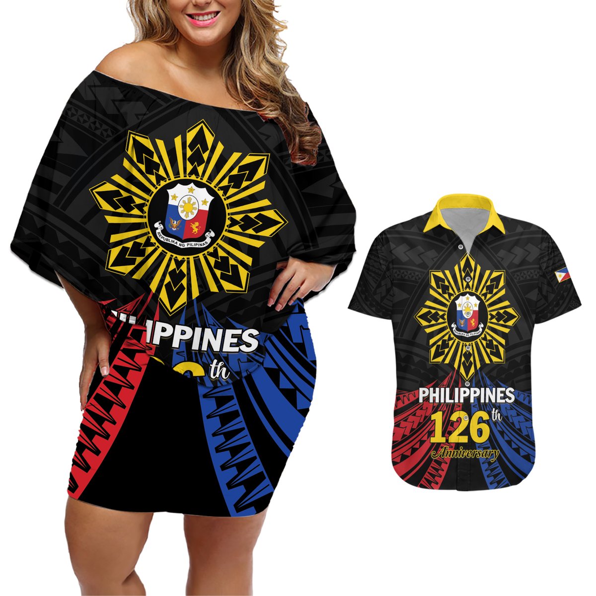 Personalized Philippines Independence Day Couples Matching Off Shoulder Short Dress and Hawaiian Shirt Filipino 126th Anniversary Sun Tattoo LT01 Black - Polynesian Pride
