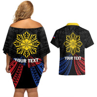 Personalized Philippines Independence Day Couples Matching Off Shoulder Short Dress and Hawaiian Shirt Filipino 126th Anniversary Sun Tattoo LT01 - Polynesian Pride