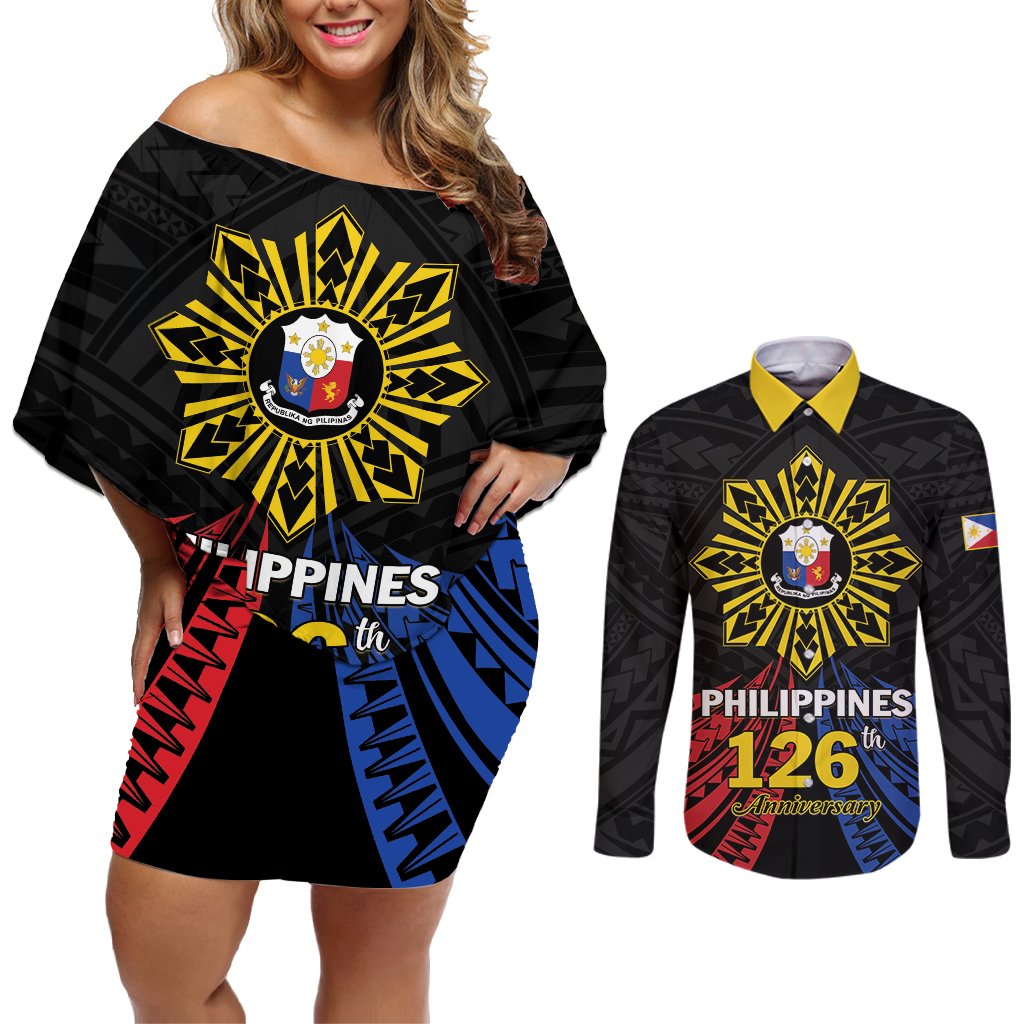 Personalized Philippines Independence Day Couples Matching Off Shoulder Short Dress and Long Sleeve Button Shirt Filipino 126th Anniversary Sun Tattoo LT01 Black - Polynesian Pride