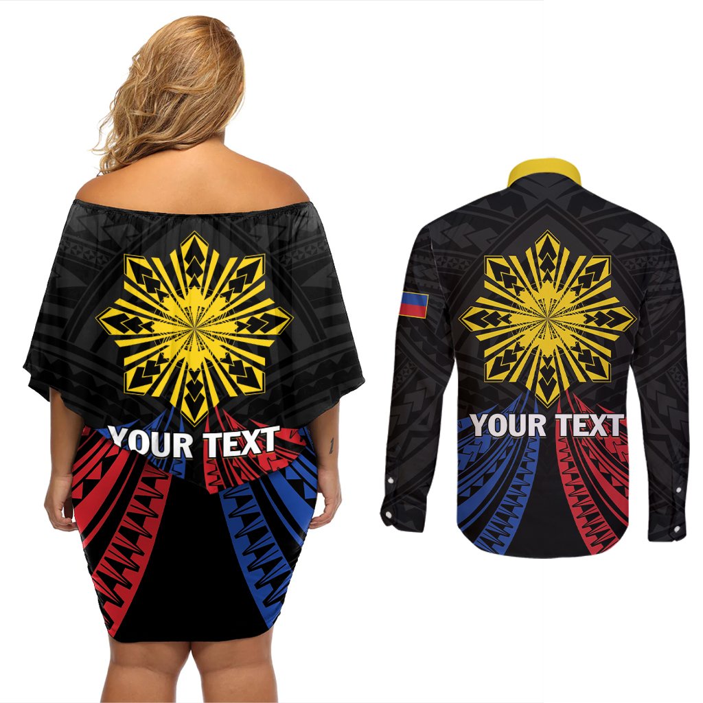 Personalized Philippines Independence Day Couples Matching Off Shoulder Short Dress and Long Sleeve Button Shirt Filipino 126th Anniversary Sun Tattoo LT01 - Polynesian Pride