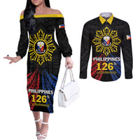 Personalized Philippines Independence Day Couples Matching Off The Shoulder Long Sleeve Dress and Long Sleeve Button Shirt Filipino 126th Anniversary Sun Tattoo LT01 Black - Polynesian Pride