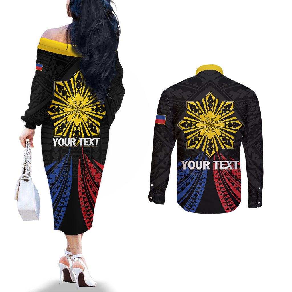 Personalized Philippines Independence Day Couples Matching Off The Shoulder Long Sleeve Dress and Long Sleeve Button Shirt Filipino 126th Anniversary Sun Tattoo LT01 - Polynesian Pride