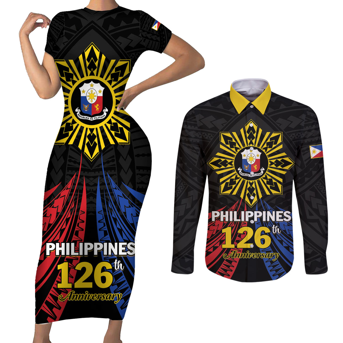 Personalized Philippines Independence Day Couples Matching Short Sleeve Bodycon Dress and Long Sleeve Button Shirt Filipino 126th Anniversary Sun Tattoo LT01 Black - Polynesian Pride