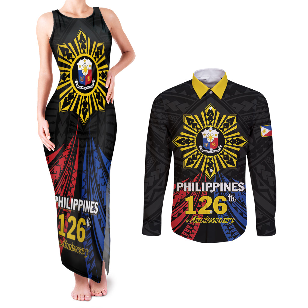 Personalized Philippines Independence Day Couples Matching Tank Maxi Dress and Long Sleeve Button Shirt Filipino 126th Anniversary Sun Tattoo LT01 Black - Polynesian Pride