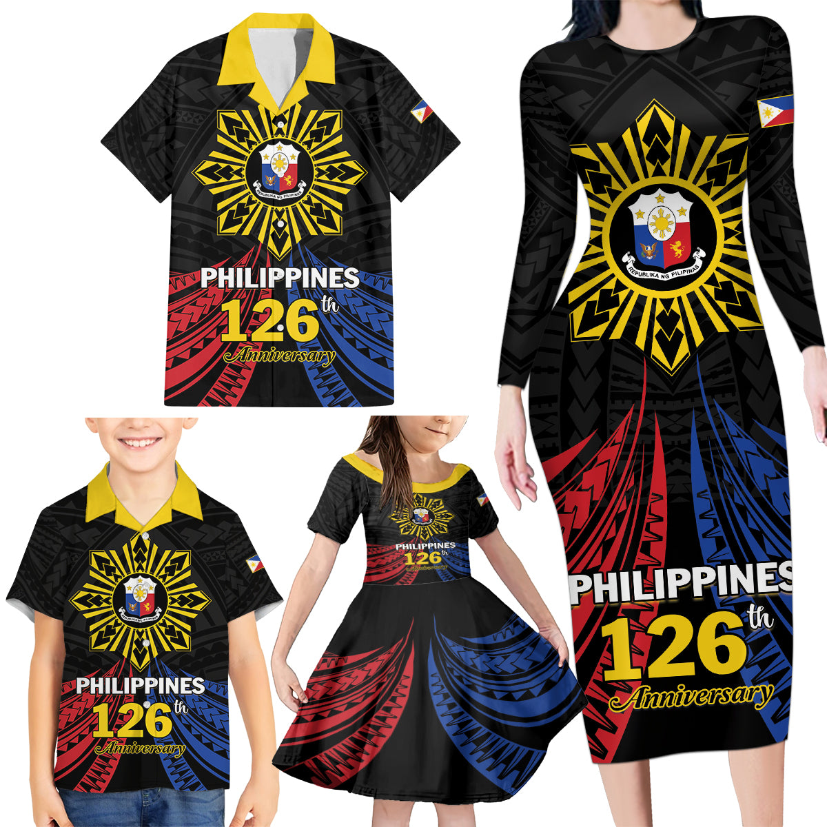 Personalized Philippines Independence Day Family Matching Long Sleeve Bodycon Dress and Hawaiian Shirt Filipino 126th Anniversary Sun Tattoo LT01 - Polynesian Pride